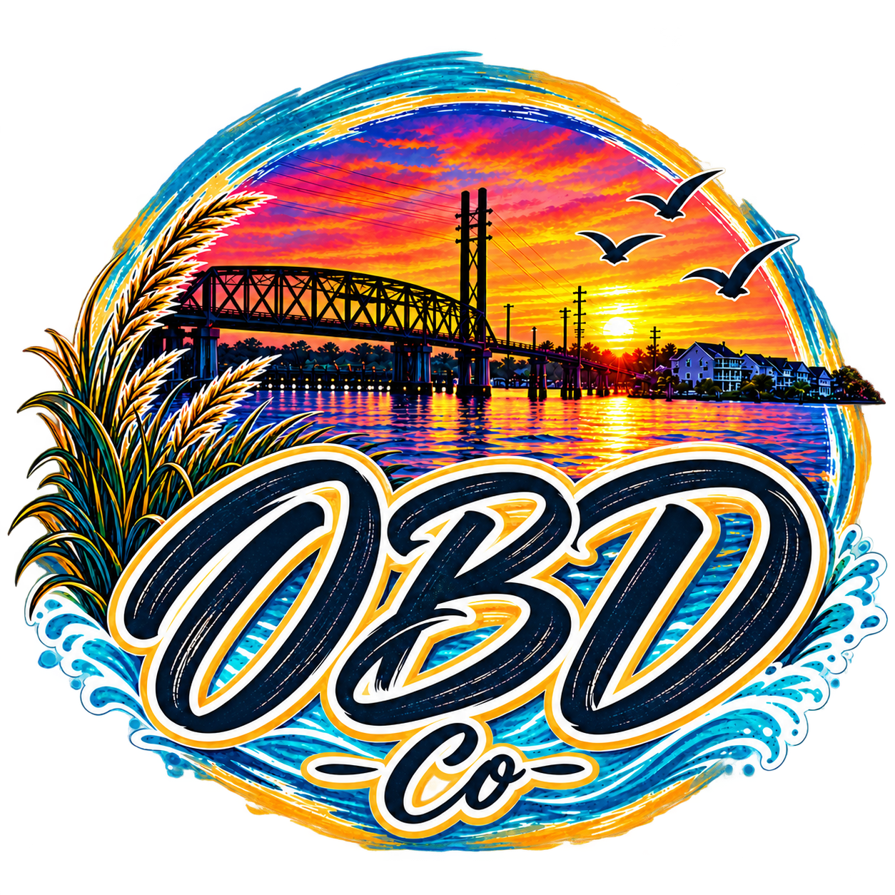 Old Bridge coastal sunset artwork featuring the bridge and OBD Co. lettering
